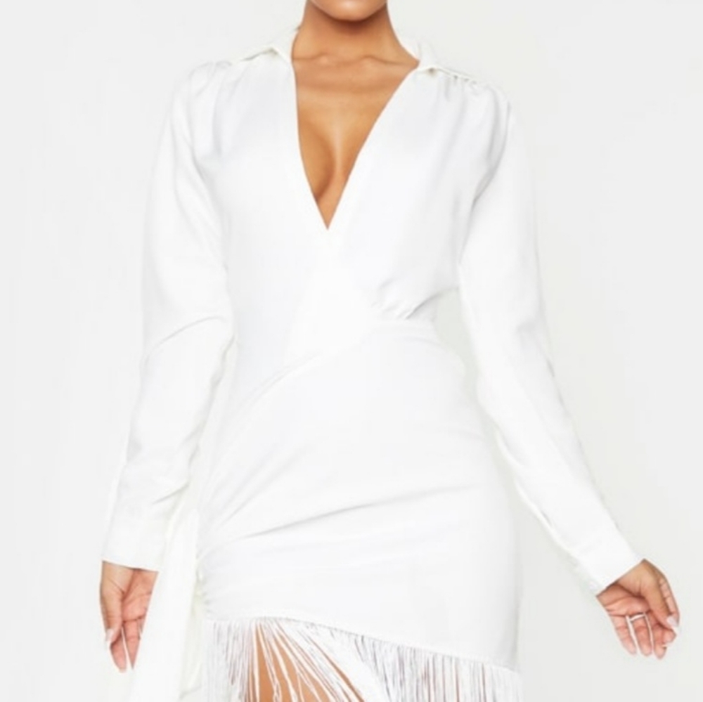 White Long Sleeve Tassel Hem Drape Detail Bodycon Dress